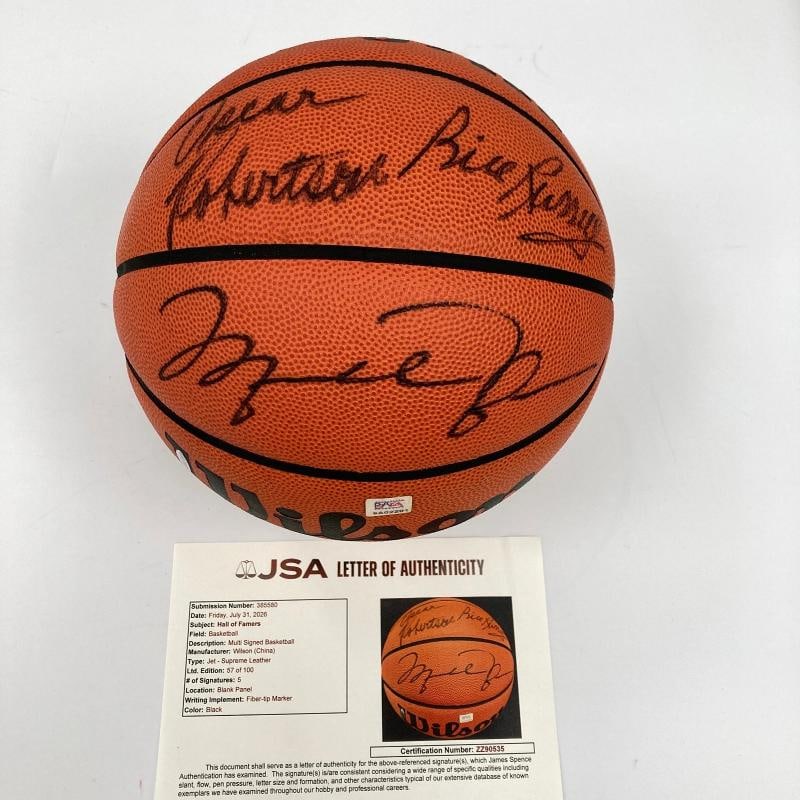 Michael Jordan Bill Russell Magic Johnson Larry Bird Signed Basketball UDA & JSA: Sport: Basketball,Player: Michael Jordan,Signed: Yes,Autograph Authentication: James Spence Authentication (JSA),Original/Reprint: Original,Product: Ball,Team: Chicago Bulls,Country of Origin: United