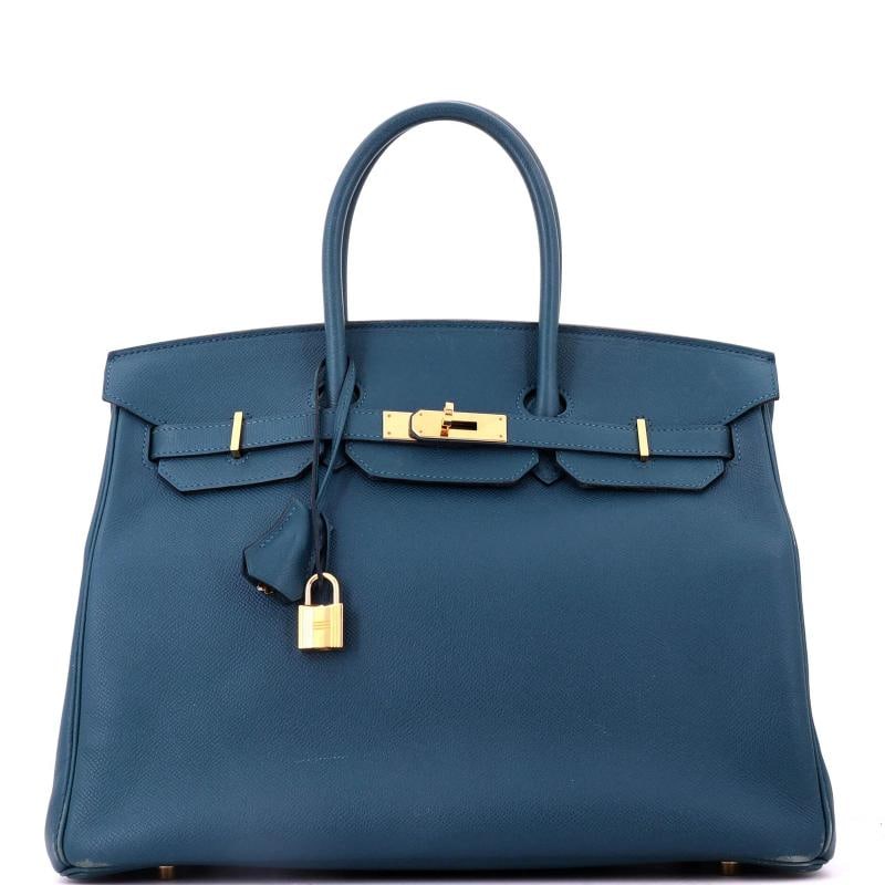 Hermes Birkin Handbag Blue Epsom with Gold Hardware 35: Condition: Pre-owned - Fair,Brand: Hermes,Exterior Material: Leather,Style: Totes,Exterior Color: Blue,Department: Women,Size: 35,Accessories: Lock, Keys, Clochette