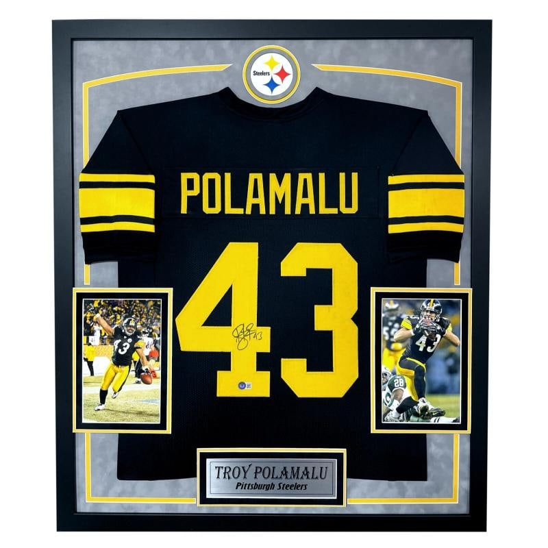 Troy Polamalu Autographed Pittsburgh Steelers Black Jersey Framed BAS Signed: Sport: Football-NFL,Player: Troy Polamalu,Signed: Yes,Original/Reprint: Original,Autograph Authentication: Beckett Authentication Services (BAS),Product: Jersey,Team: Pittsburgh Steelers,Country of