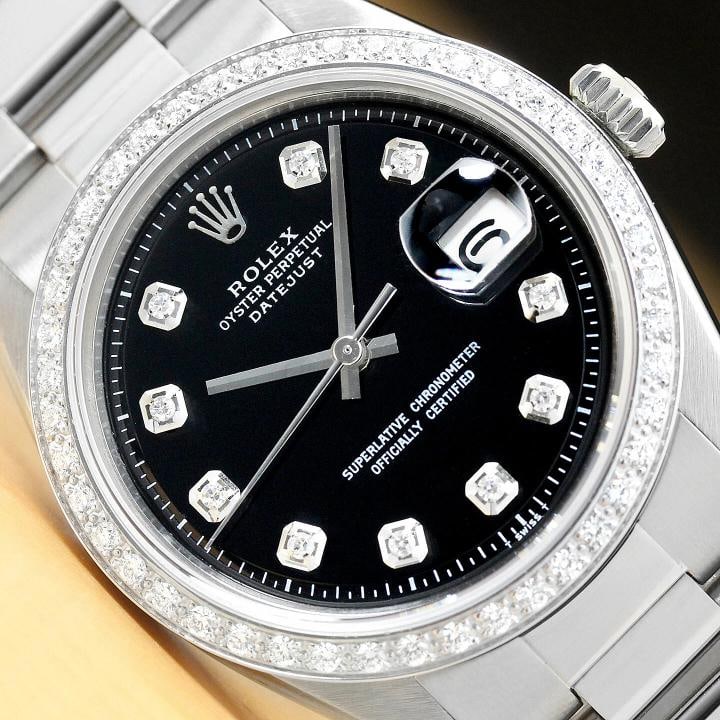 MENS ROLEX DATEJUST 1603 18K WHITE GOLD DIAMOND STAINLESS STEEL OYSTER WATCH: Condition: Pre-owned - Excellent,Bezel Color: Silver,Max Wrist Size: 7.26-7.5 in,Number of Jewels: 26 Jewels,Indices: Diamond Markers, 12-Hour Dial, Multiple Hands,Bezel: Custom 18K White Gold