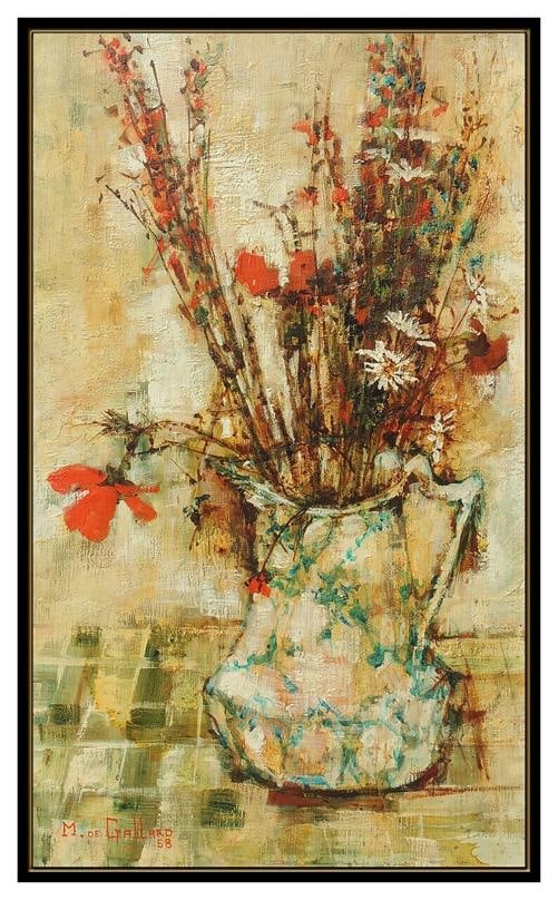 Michel De Gallard Original Oil Painting On Canvas Still Life Flowers Signed Art - 2