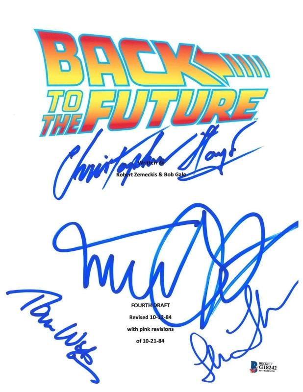 MICHAEL J FOX SIGNED AUTOGRAPHED BACK TO THE FUTURE FULL SCRIPT CAST BECKETT: Industry: Movies,Personalize: No,Movie: BACK TO THE FUTURE,Signed by: MICHAEL J FOX LEA THOMSPON CHRISTOPHER LLOYD,Signed: Yes,Autograph Authentication: Beckett,Original/Reproduction: