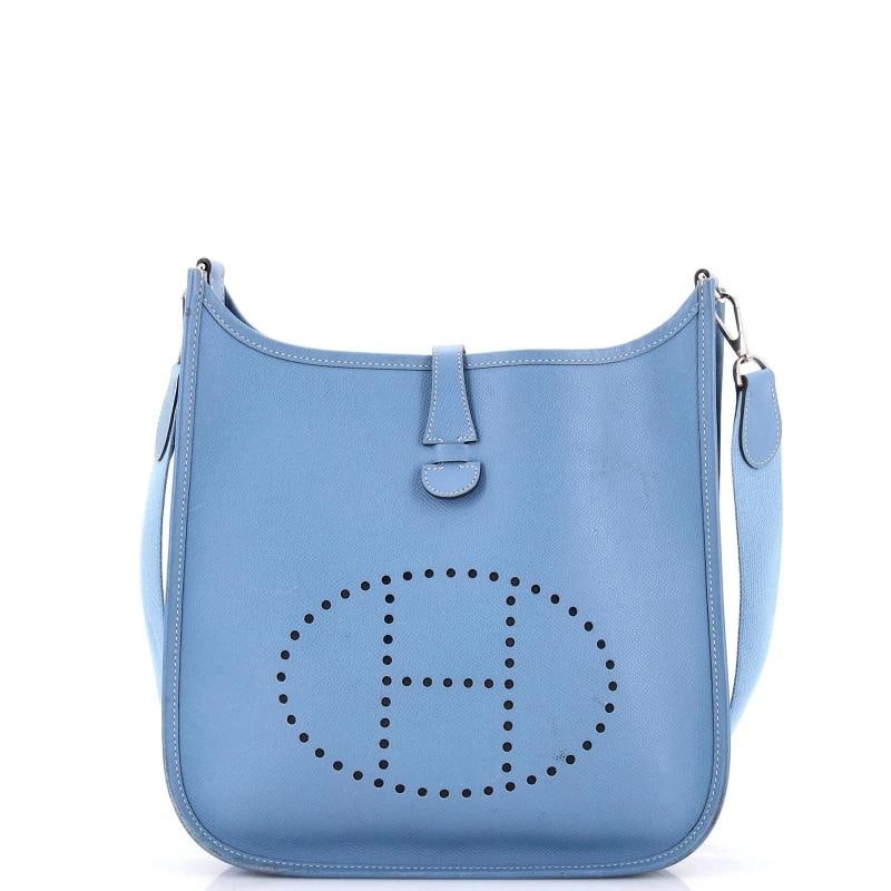 Hermes Evelyne Bag Gen I Epsom PM: Condition: Pre-owned - Fair,Brand: Hermes,Exterior Material: Leather,Style: Cross Body Bags,Exterior Color: Blue,Department: Women,Size: Pm,Accessories: With Strap