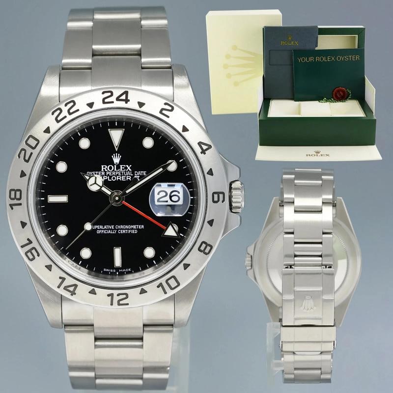 2008 MINT Rolex Explorer II 16570 Stainless Steel Black Date 3186 40mm Watch Box: Case & Dial Case Material: Rolex Stainless Steel Case Size: 40mm Bezel: Rolex Stainless Steel 24-Hour Crystal: Rolex Sapphire Dial: Rolex Black with Date and GMT Functions Movement & Bracelet