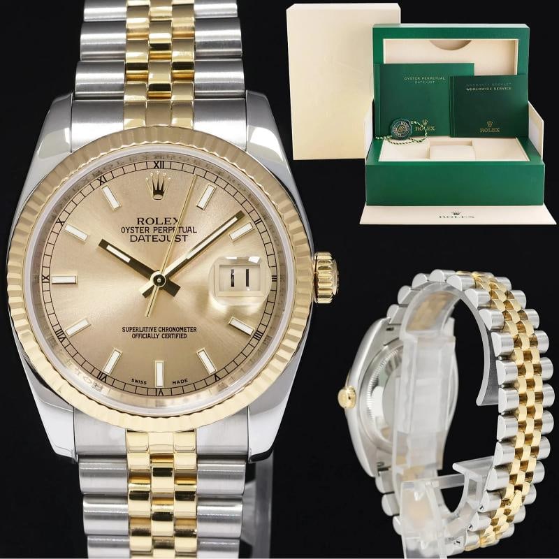 2014 MINT Rolex 116233 DateJust Jubilee 36mm Two Tone Gold Champagne Watch Box: Condition: Pre-owned - Excellent,Brand: Rolex,Department: Unisex Adults,Type: Wristwatch,Model: DateJust,Reference Number: 116233,With Original Box/Packaging: Yes,With Papers: No,Customized: No,UPC: D