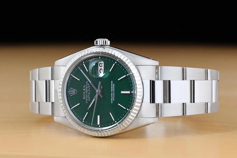 ROLEX MENS DATEJUST 1601 GREEN DIAL 18K WHITE GOLD STEEL WATCH w/ OYSTER BAND - 2