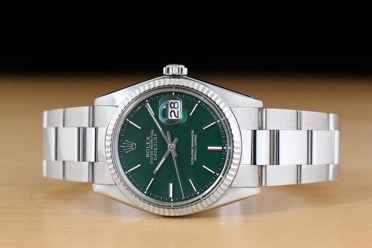 ROLEX MENS DATEJUST 1601 GREEN DIAL 18K WHITE GOLD STEEL WATCH w/ OYSTER BAND - 3
