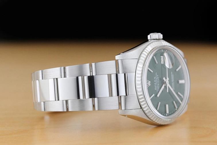 ROLEX MENS DATEJUST 1601 GREEN DIAL 18K WHITE GOLD STEEL WATCH w/ OYSTER BAND - 7