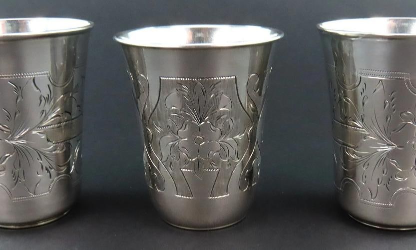3 Beautiful 1881/2 Russian 875 Silver Classic Vodka Cups No Monos 2 1/4" Tall - 2