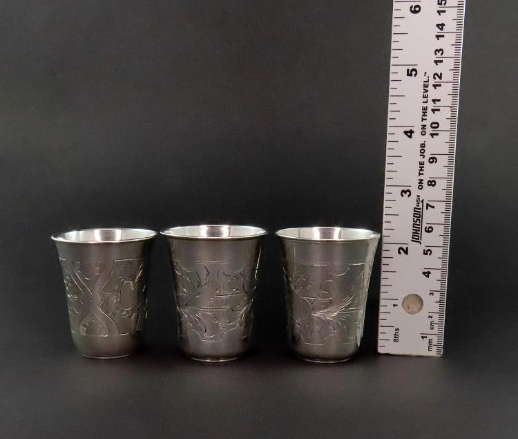3 Beautiful 1881/2 Russian 875 Silver Classic Vodka Cups No Monos 2 1/4" Tall - 6