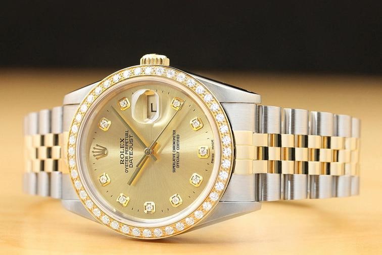 ROLEX MENS DATEJUST 16233 CHAMPAGNE 18K GOLD STAINLESS STEEL DIAMOND WATCH - 2