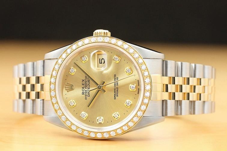 ROLEX MENS DATEJUST 16233 CHAMPAGNE 18K GOLD STAINLESS STEEL DIAMOND WATCH - 3
