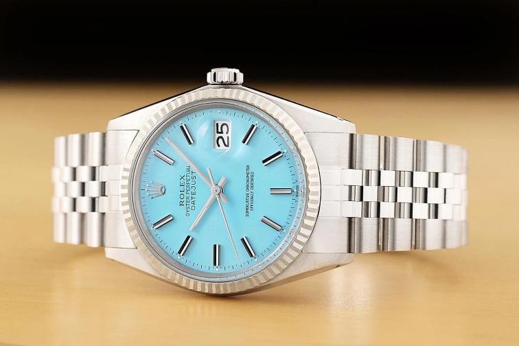 ROLEX MENS DATEJUST 1601 18K GOLD STAINLESS STEEL AQUA BLUE JUBILEE WATCH - 2
