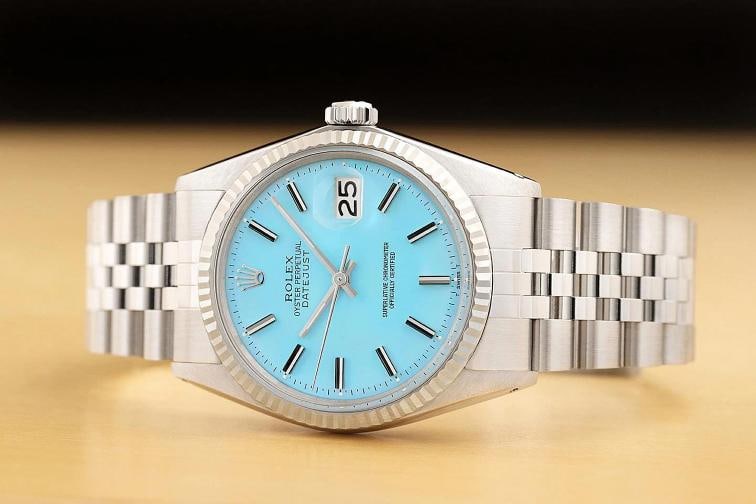 ROLEX MENS DATEJUST 1601 18K GOLD STAINLESS STEEL AQUA BLUE JUBILEE WATCH - 3