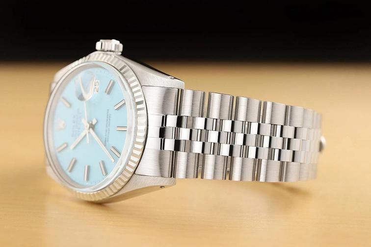 ROLEX MENS DATEJUST 1601 18K GOLD STAINLESS STEEL AQUA BLUE JUBILEE WATCH - 4