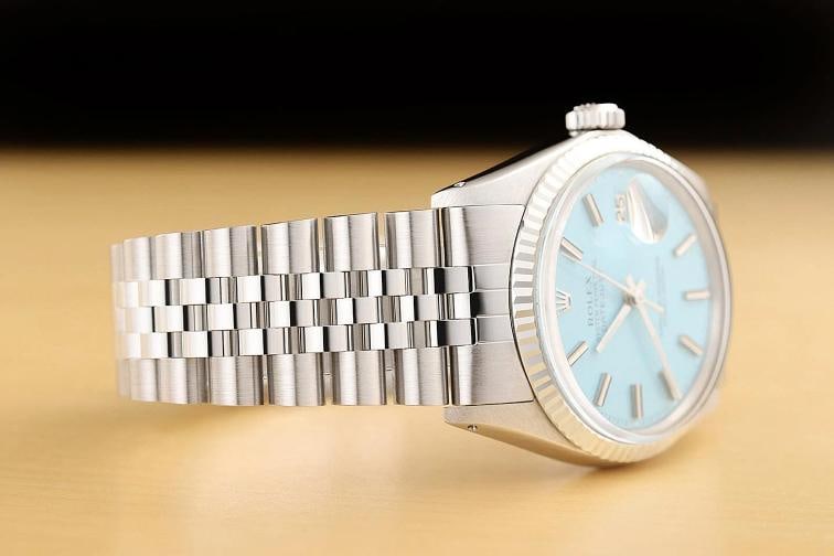ROLEX MENS DATEJUST 1601 18K GOLD STAINLESS STEEL AQUA BLUE JUBILEE WATCH - 6