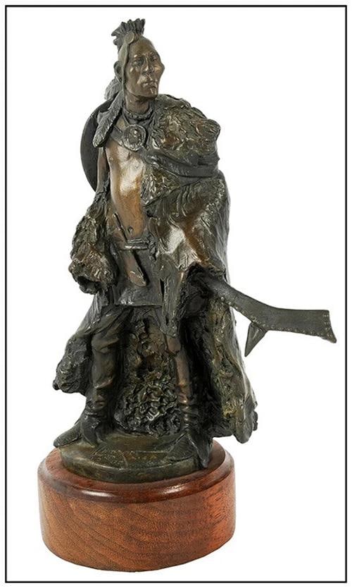 David Lemon Bronze Sculpture Full Round Signed Native American Figurative Art: Also, measuring approximately 9" x 6" x 7" the immaculate artwork is of impressive craftsmanship and versatile size.