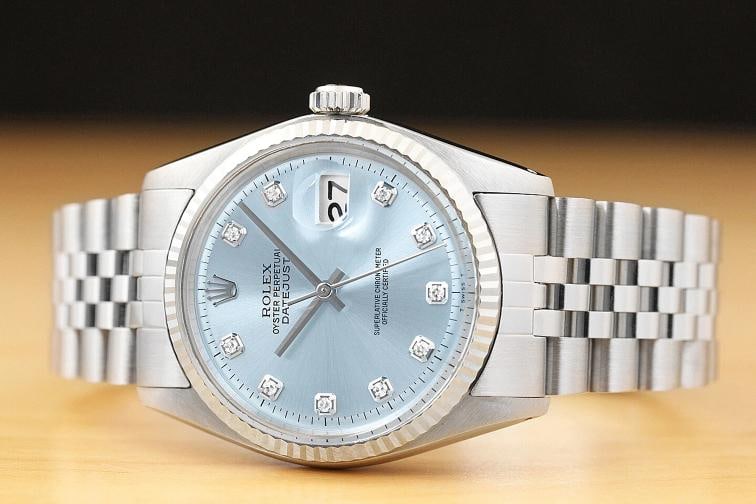 MENS ROLEX DATEJUST 1601 ICE BLUE DIAMOND 18K WHITE GOLD STAINLESS STEEL WATCH - 3