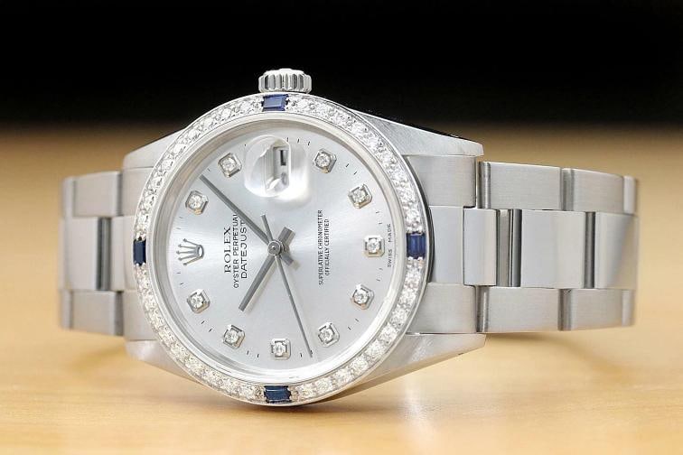 MENS ROLEX DATEJUST 18K WHITE GOLD SAPPHIRE DIAMOND STEEL WATCH 16014 - 2