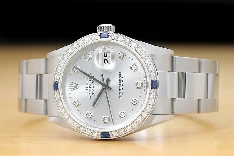 MENS ROLEX DATEJUST 18K WHITE GOLD SAPPHIRE DIAMOND STEEL WATCH 16014 - 3