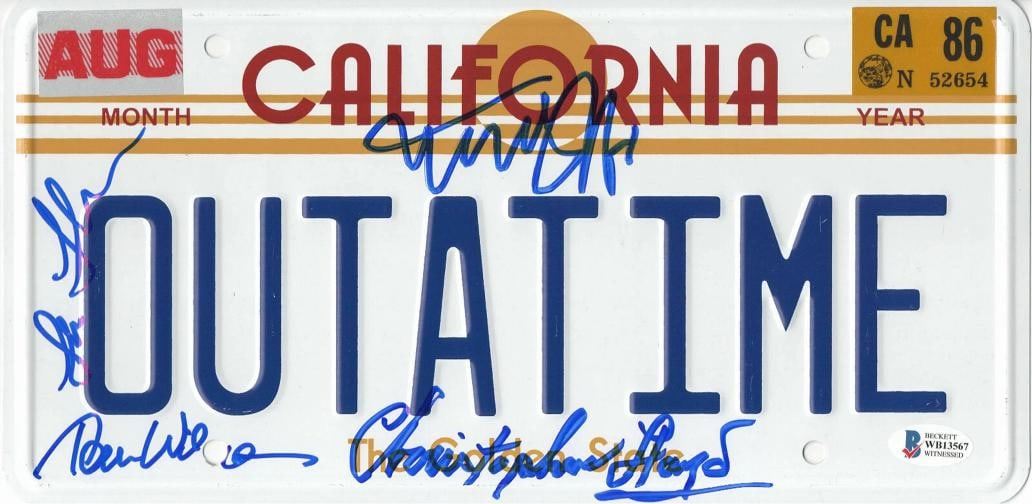 MICHAEL J FOX LLOYD THOMPSON WILSON SIGNED OUTATIME BTTF LICENSE PLATE BECKETT: Industry: Movies,Signed by: Michael J Fox Christopher Lloyd Lea Thompson & Tom Wilson,Autograph Authentication: Beckett,Original/Reproduction: Original,Country of Origin: United States