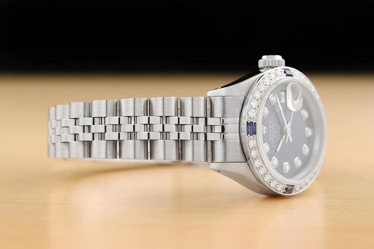 LADIES ROLEX DATE 6917 DIAMOND SAPPHIRE 18K WHITE GOLD STEEL BLUE DIAL WATCH - 6