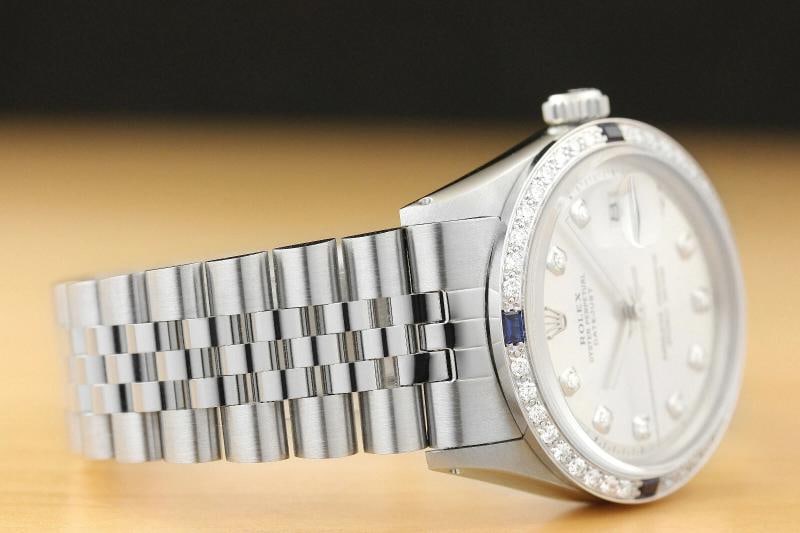 MENS ROLEX DATEJUST 1603 SILVER DIAMOND SAPPHIRE 18K GOLD STAINLESS STEEL WATCH - 6