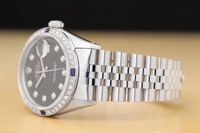 ROLEX MENS DATEJUST 1603 18K WHITE GOLD DIAMOND SAPPHIRE STEEL BLACK WATCH - 4