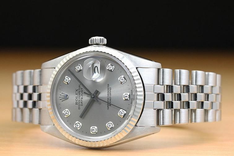 MENS ROLEX DATEJUST 16014 GRAY DIAMOND 18K WHITE GOLD STAINLESS STEEL WATCH - 2