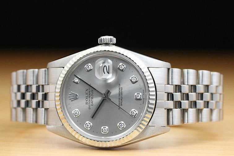 MENS ROLEX DATEJUST 16014 GRAY DIAMOND 18K WHITE GOLD STAINLESS STEEL WATCH - 3