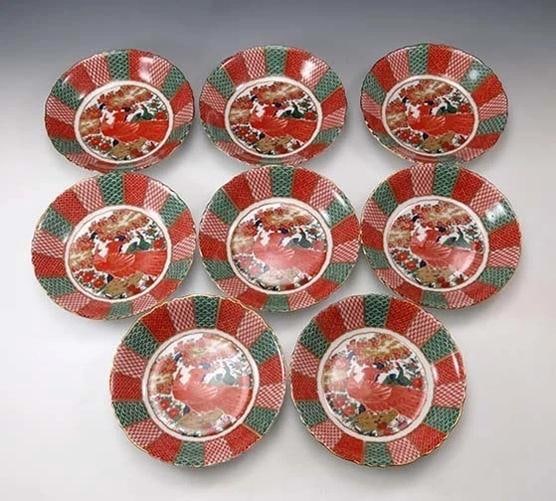 8 Japanese Arita Imari Peacock Porcelain Coupe Soup Bowls - 4