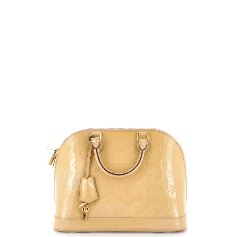 Louis Vuitton Alma Handbag Monogram Vernis PM: Condition: Pre-owned - Fair,Brand: Louis Vuitton,Exterior Material: Patent Leather,Style: Top Handle,Exterior Color: Yellow,Department: Women,Size: Pm,Accessories: Keys, Lock, Clochette