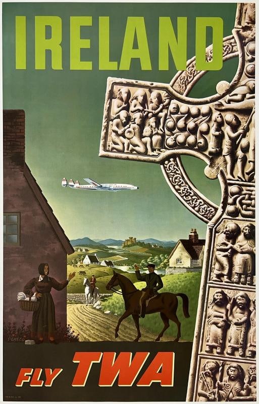IRELAND FLY TWA Original Vintage Poster Trans World Airline Travel Dublin LINEN (1 of 5)