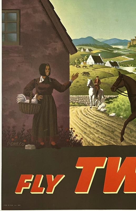 IRELAND FLY TWA Original Vintage Poster Trans World Airline Travel Dublin LINEN - 4