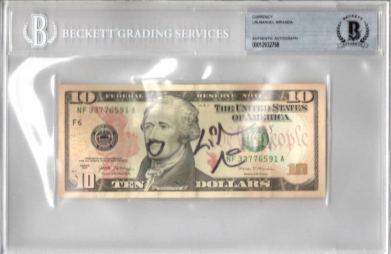 LIN-MANUEL MIRANDA SIGNED AUTOGRAPH HAMILTON SLABBED TEN DOLLAR BILL BECKETT BAS: Industry: Theater,Signed by: LIN-MANUEL MIRANDA,Signed: Yes,Autograph Authentication: Beckett,Object Type: CURRENCY,Original/Reproduction: Original,Show: HAMILTON,Country of Origin: United States