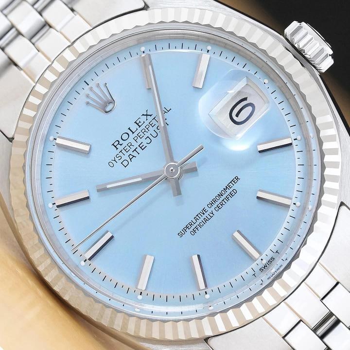ROLEX DATEJUST 1601 ICE BLUE DIAL 18K WHITE GOLD STEEL FOLDED BRACELET WATCH: Condition: Pre-owned - Excellent,Brand: Rolex,Department: Men's,Dial: Rolex Stick Dial Ref.,Bezel: Rolex 18K White Gold Fluted Bezel,Movement: Mechanical (Automatic),Features: 12-Hour Dial, Acrylic