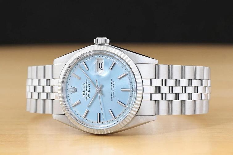 ROLEX DATEJUST 1601 ICE BLUE DIAL 18K WHITE GOLD STEEL FOLDED BRACELET WATCH - 2