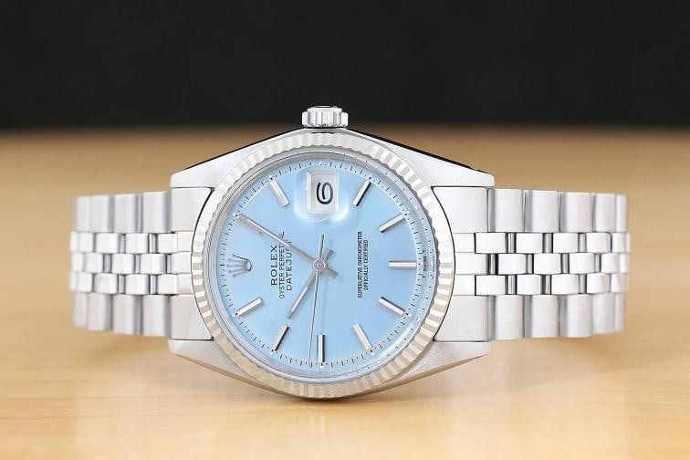 ROLEX DATEJUST 1601 ICE BLUE DIAL 18K WHITE GOLD STEEL FOLDED BRACELET WATCH - 3