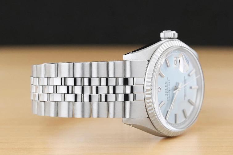 ROLEX DATEJUST 1601 ICE BLUE DIAL 18K WHITE GOLD STEEL FOLDED BRACELET WATCH - 7