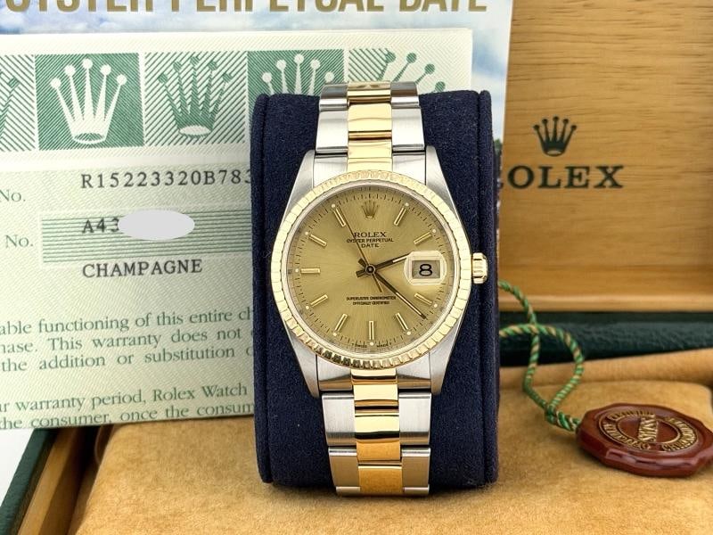 Rolex Date 15223 34mm Champagne Dial 18k Yellow Gold Steel Box Paper - 11