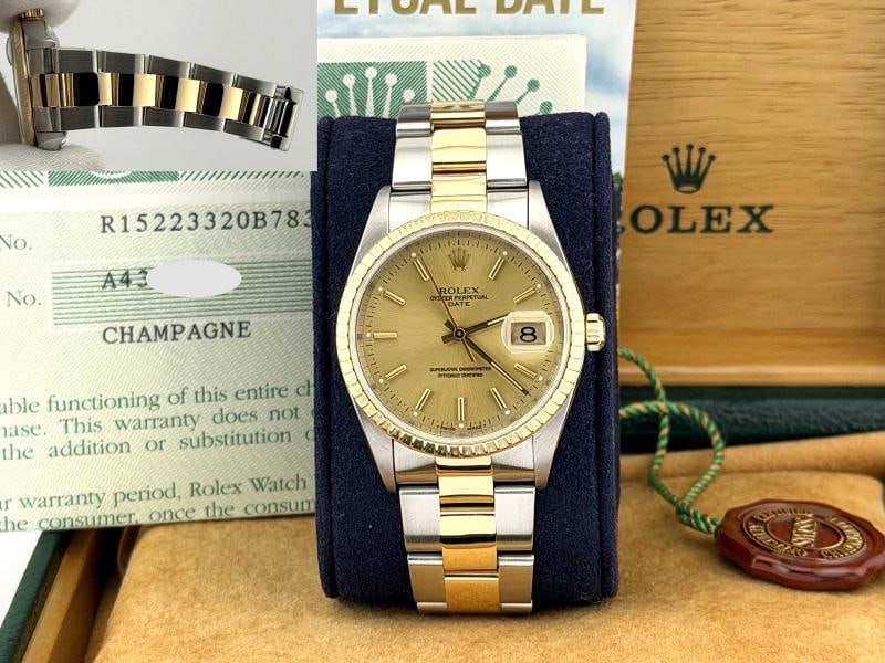 Rolex Date 15223 34mm Champagne Dial 18k Yellow Gold Steel Box Paper: Condition: Pre-owned - Excellent,Bezel Color: Gold, Yellow,Year Manufactured: 2000-2009,Band/Strap: Bracelet,Case Color: Silver,Department: Men,Bezel Type: Engine-Turned,Watch Shape: Round,Style: