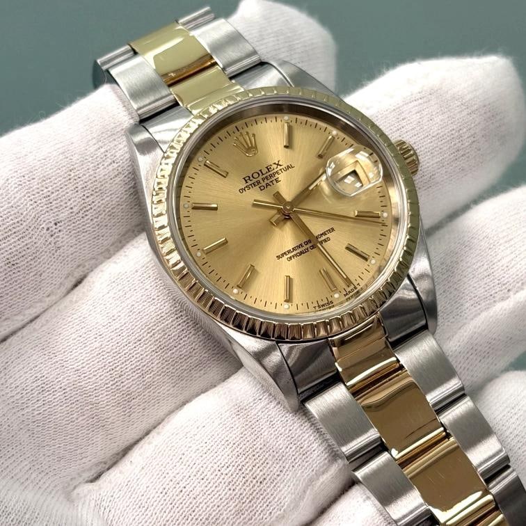 Rolex Date 15223 34mm Champagne Dial 18k Yellow Gold Steel Box Paper - 2