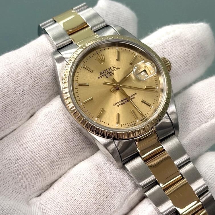 Rolex Date 15223 34mm Champagne Dial 18k Yellow Gold Steel Box Paper - 4