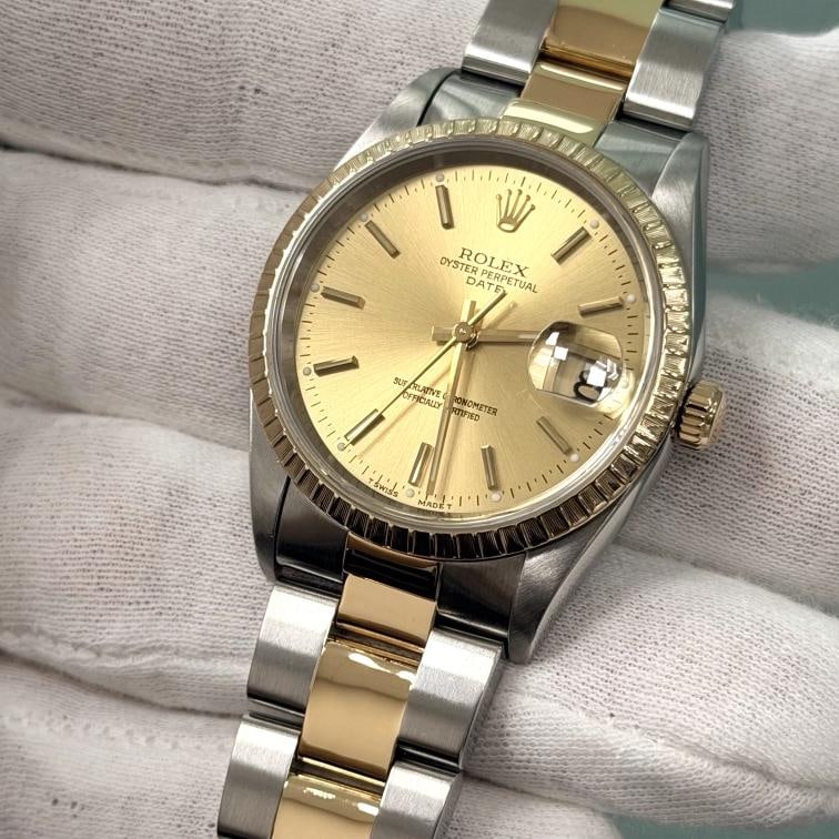 Rolex Date 15223 34mm Champagne Dial 18k Yellow Gold Steel Box Paper - 5