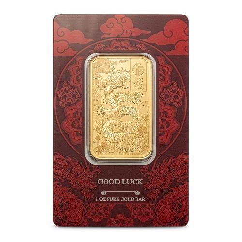 1 oz PAMP Suisse Gold Good Luck Yellow Dragon Bar (New w/Assay): Certification: Assay,Brand/Mint: PAMP Suisse,Precious Metal Content per Unit: 1 oz,Fineness: 0.9999,Composition: Gold,Shape: Bar,Country of Origin: Switzerland