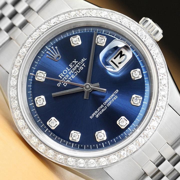 MENS ROLEX DATEJUST BLUE DIAL 18K WHITE GOLD DIAMOND BEZEL & STEEL WATCH: Condition: Pre-owned - Excellent,Bezel Color: Silver,Max Wrist Size: 7.26-7.5 in,Number of Jewels: 26 Jewels,Indices: Diamond Hour Marks, 12-Hour Dial, Multiple Hands,Bezel: Custom 18K White Gold