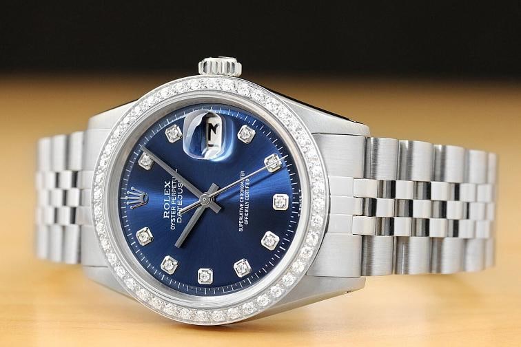 MENS ROLEX DATEJUST BLUE DIAL 18K WHITE GOLD DIAMOND BEZEL & STEEL WATCH - 2