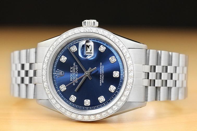 MENS ROLEX DATEJUST BLUE DIAL 18K WHITE GOLD DIAMOND BEZEL & STEEL WATCH - 3