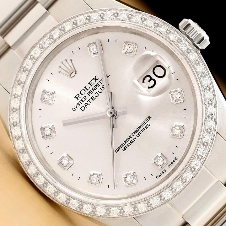 MENS ROLEX DATEJUST 16014 SILVER DIAMOND 18K WHITE GOLD STAINLESS STEEL WATCH: Condition: Pre-owned - Excellent,Bezel Color: Silver,Max Wrist Size: 7.26-7.5 in,Number of Jewels: 27 Jewels,Indices: Diamond Hour Marks, 12-Hour Dial,Bezel: Custom 18K White Gold Diamond Bezel,Band/S