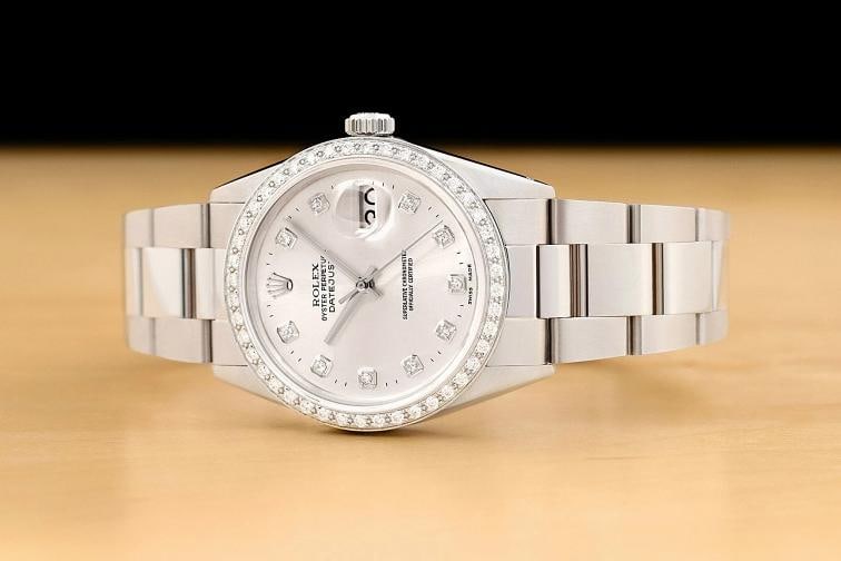 MENS ROLEX DATEJUST 16014 SILVER DIAMOND 18K WHITE GOLD STAINLESS STEEL WATCH - 2